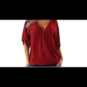 Red Blouse W/ Zipper V-Neck